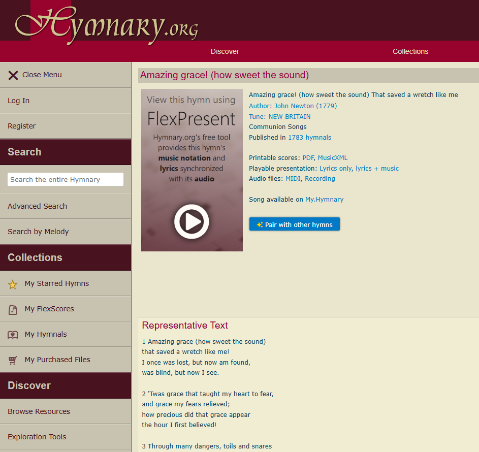 a screenshot of a text (Amazing Grace) in hymnary
