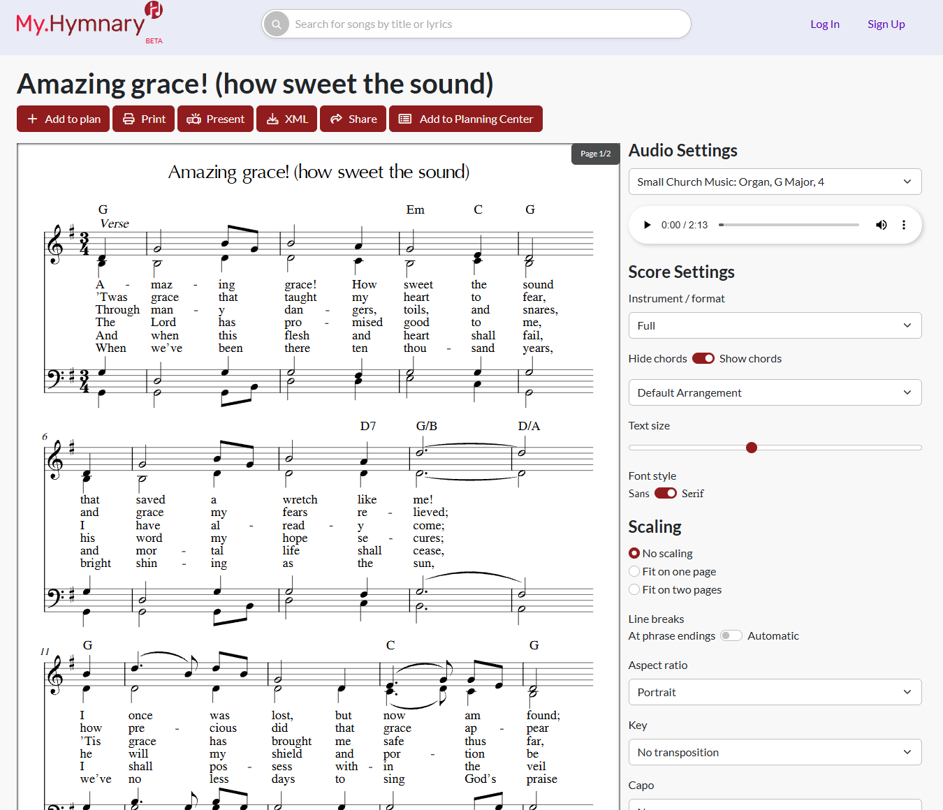 A screenshot of Amazing Grace on myhymnary